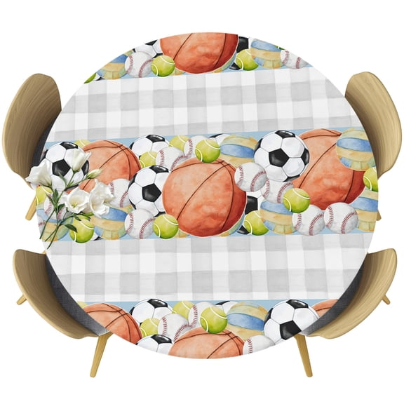 Ball Sports Round Tablecloth 55-60 Inch Round Fitted Table Cloth with Elastic Edge, Football Basketball Sports Grey Plaid Waterproof Table Cover Protector for Outdoor Picnic Party Dining