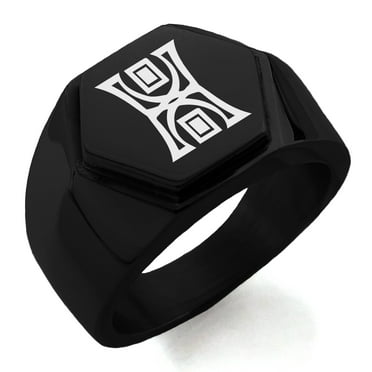 Stainless Steel Runology Magic Rune Engraved Hexagon Crest Flat Top Biker Style Polished Ring