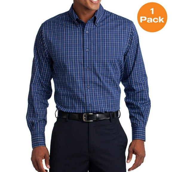 Port Authority S642 Tattersall Easy Care Shirt, Navy/White, S, Mens Casual Button Down Shirts