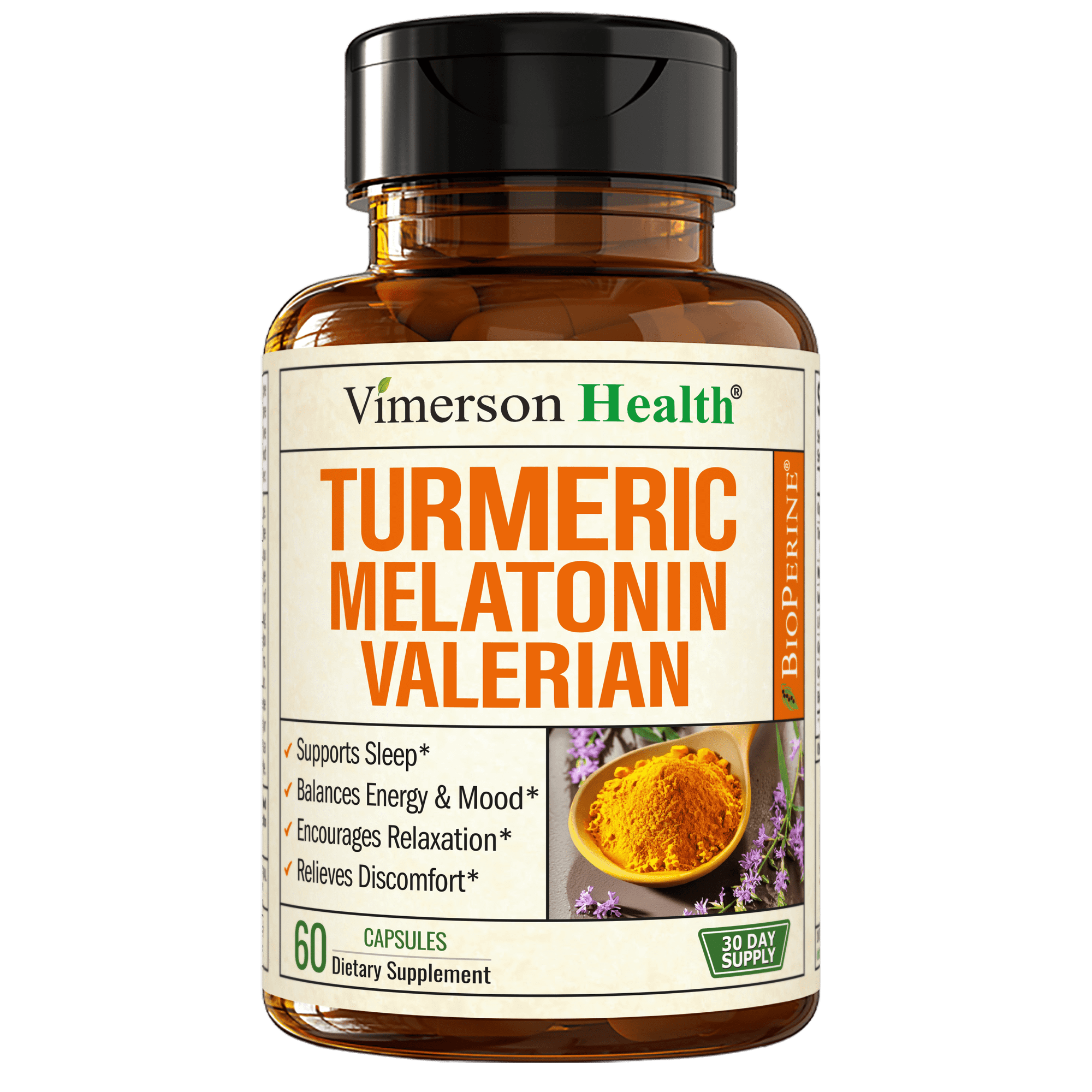 Melatonin 3 mg Sleep Aid w/ Valerian Root & L-Theanine – Turmeric Curcumin Supplement for Sleep Support and Relaxation, 60 Capsules