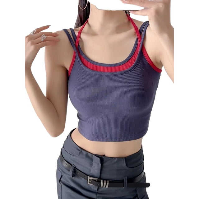 Lucakuins - Camisola para mujer, verano, ajustada, sin mangas, color en contraste, cuello halter, chaleco para salir, camisola Lucakuins moda