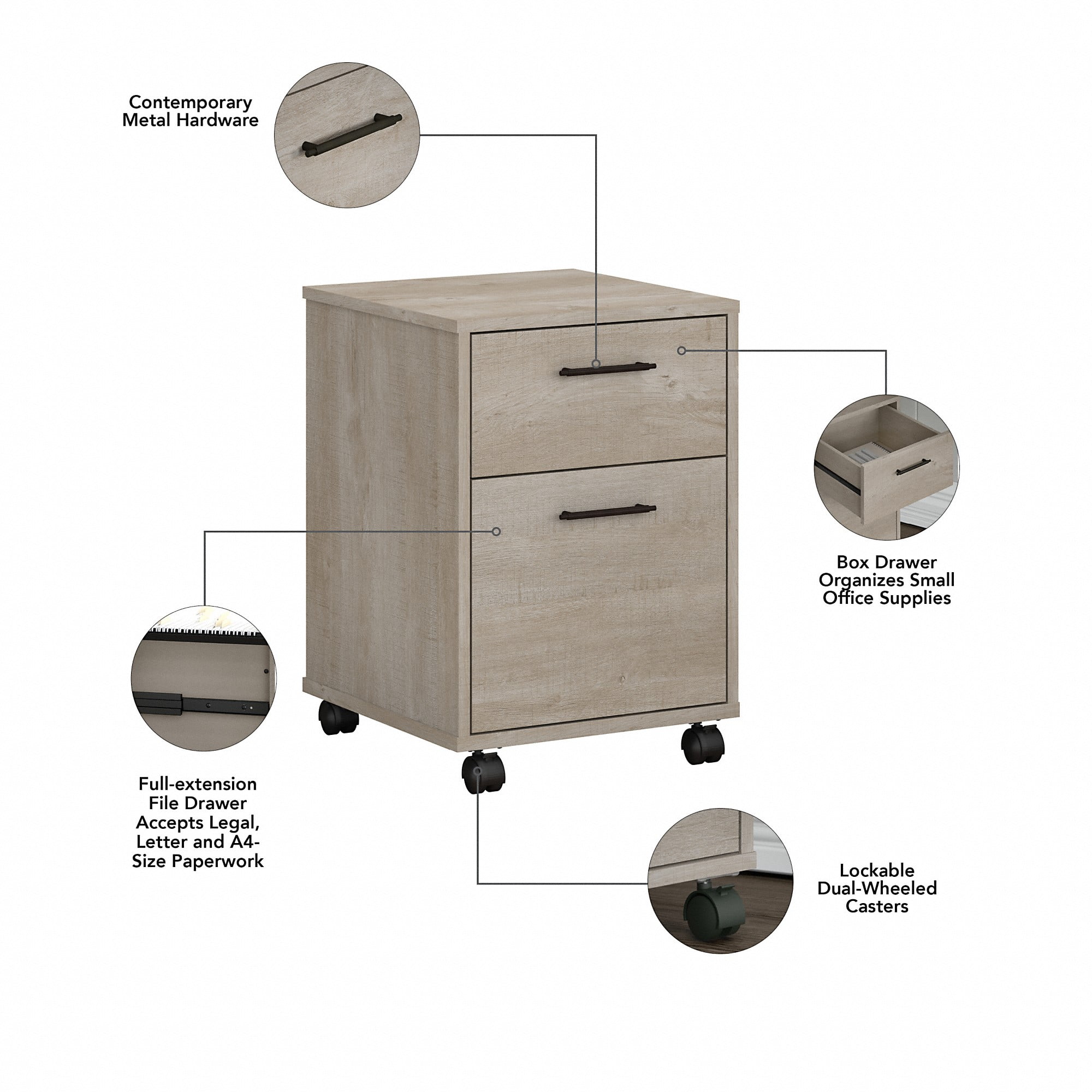 Bush Furniture Key West Mobile File Cabinet, 2 Drawer, Washed Gray