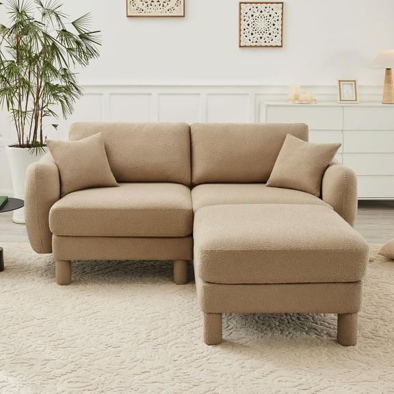 Boucle Fabric Sectional 2-seater Loveseat Sofa Couch With Distinctive Shell-shaped Armrests And Removable Ottoman,Cylindrical Legs Wrapped with Self-fabric,Coffee Color