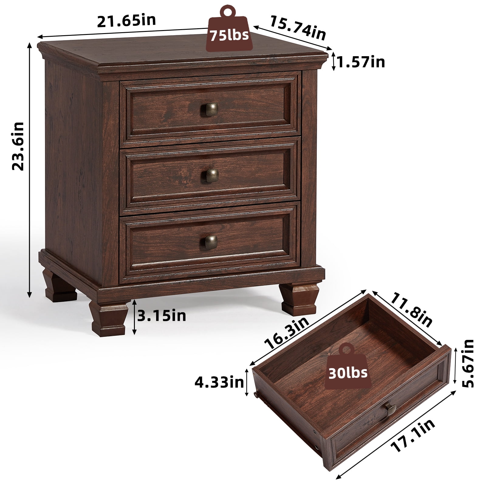 Buildhom Farmhouse 3-Drawer Nightstand with Solid Wood Legs, Rustic End Table for Bedroom & Living Room, Walnut