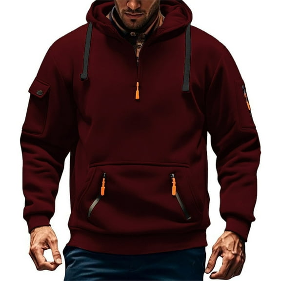 KHONTS,Men's Quarter Zip Oversized Black Hoodies Fleeced Lined Long Sleeve Hooded Sweatshirts Fall Warm Casual Streetwear with Pockets XL