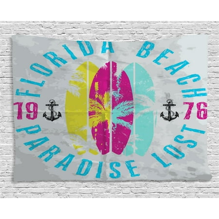 Florida Tapestry, Weathered Colorful Surfboards and Hand Drawn Anchors Paradise Beach, Wall Hanging for Bedroom Living Room Dorm Decor, 60W X 40L Inches, Pale Grey and Multicolor, by