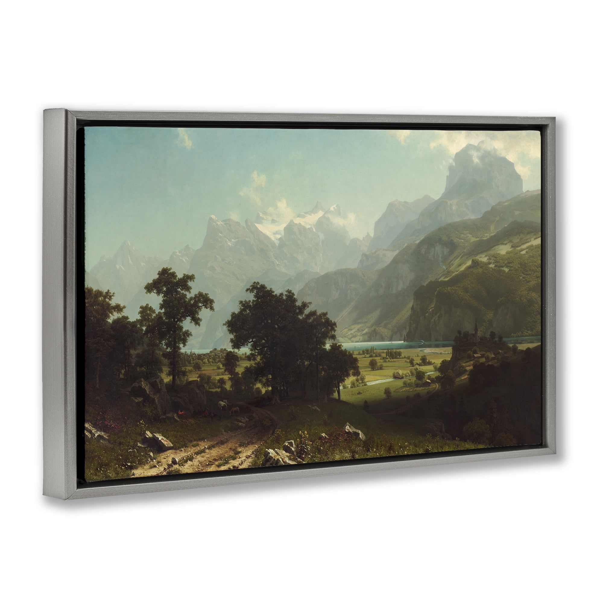 Stupell Industries Classical Bierstadt Lake Lucerne Landscape & Nature Painting Gray Floater Framed Canvas Art Print Wall Art, 25 x 17