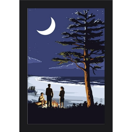 Beach Bonfire at Night - Lantern Press Artwork (12x18 Giclee Art Print, Gallery Framed, Black