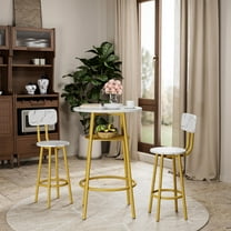 PAPROOS Bar Table Set for 2, Wood Double Layer Round Bar Table and Chairs Set, Industrial Counter Height Pub Table with 2 Upholstered Stools, Metal Frame, White and Gold