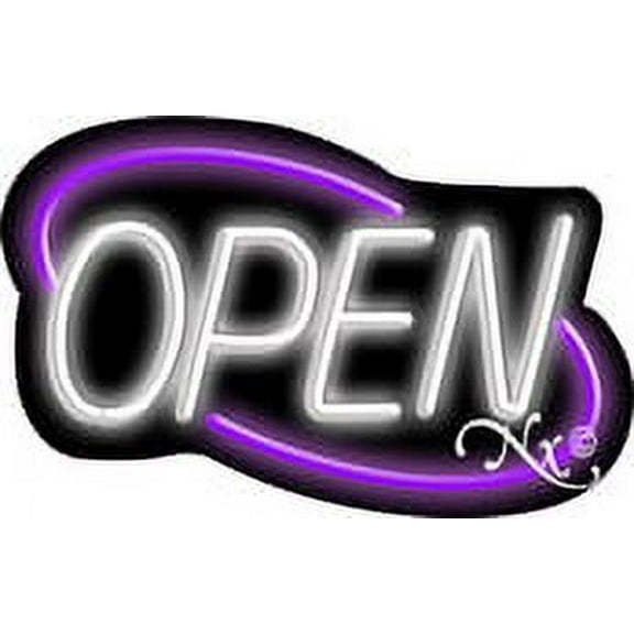 Deco Style White Open With Purple Border LED Neon Sign 14" Tall x 22" Wide, Black Square Cut Acrylic Backing, with Dimmer - Bright and Premium built indoor LED Neon Sign for storefront.