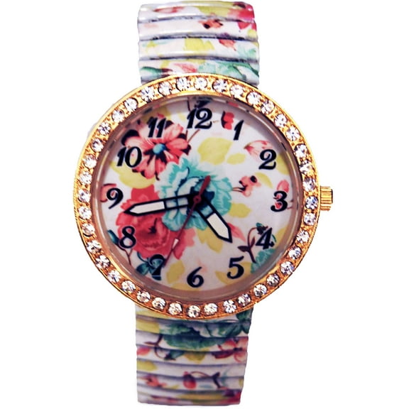 LINEL Women's Floral Stretch Band Watch Crystal Bezel White Dial Expansion Band Wristwatch