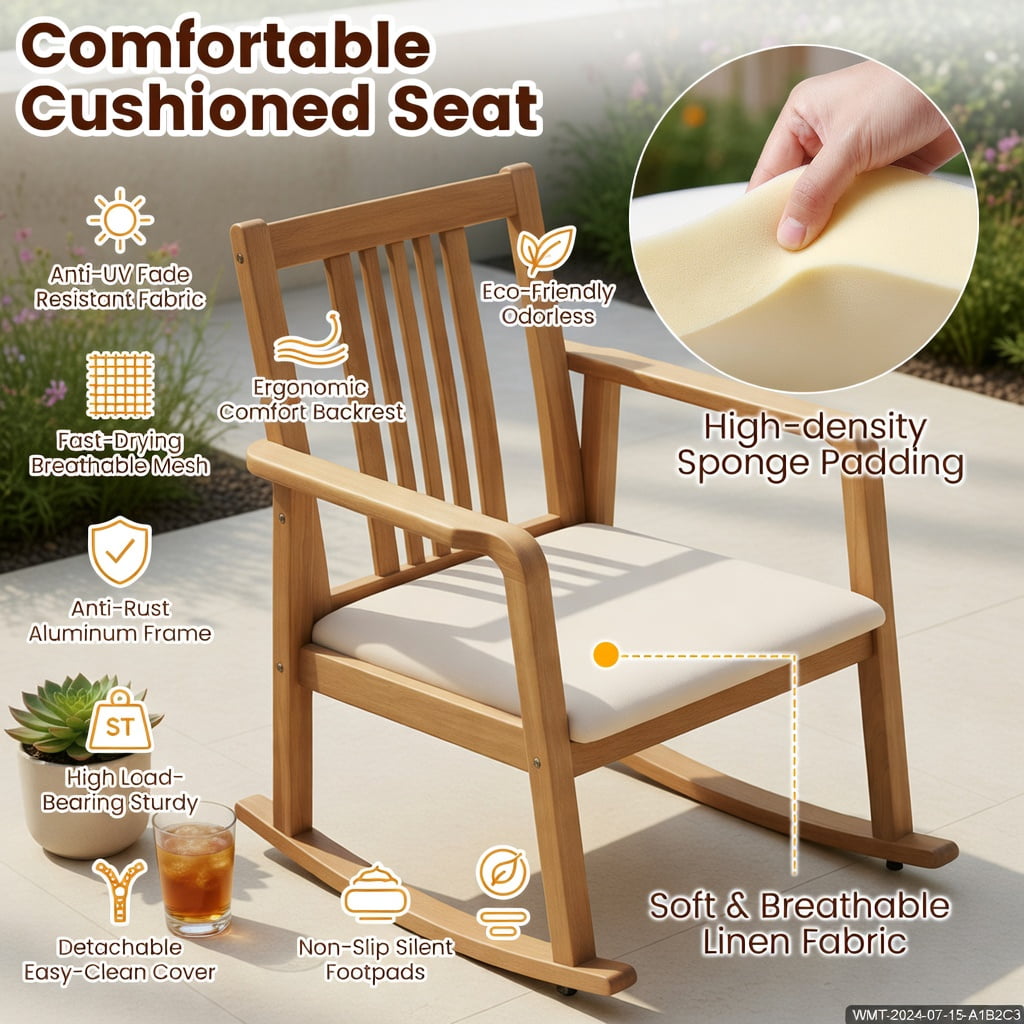Hommoo Rubber Wood Rocking Chair with Slatted Back, Curved Armrests & Linen Upholstery, Ergonomic Indoor/Outdoor Relaxation Chair, Natural