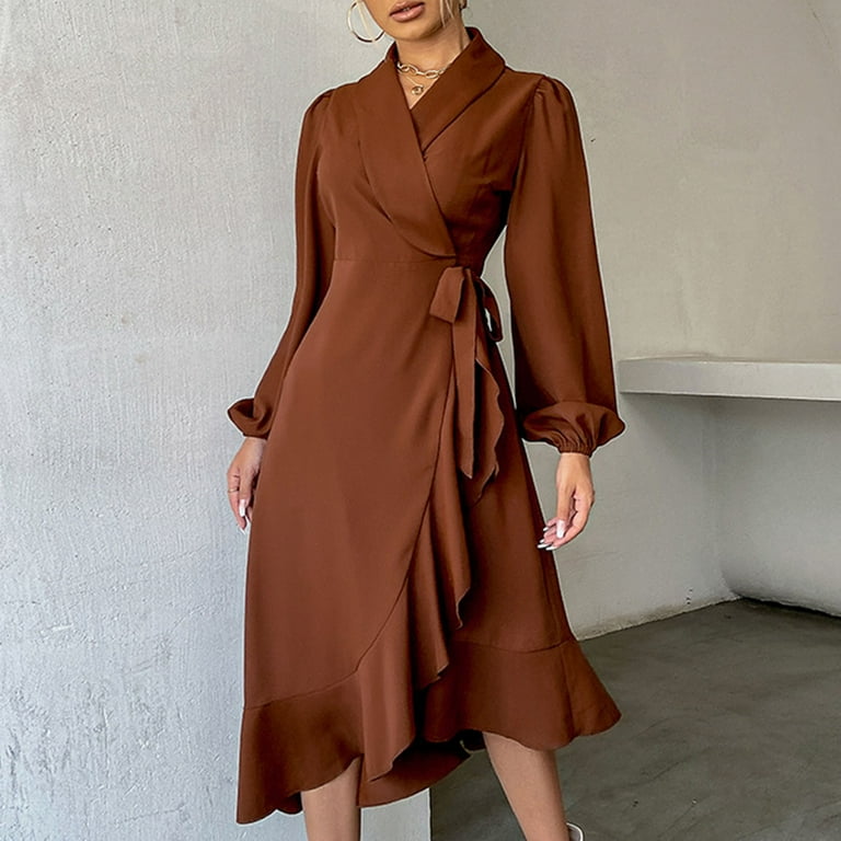 Vsssj Womens Puff Long Sleeve V Neck Elegant Midi Wrap Dresses Solid Color Lace Up Irregular Ruffle Swing Party Cocktail Long Dress Coffee S, Women's, Vsssj Womens Puff Long Sleeve V Neck Elegant Midi Wrap Dresses Solid Color Lace Up Irregular Ruffle Swing Party Cocktail Long Dress Coffee S, Women's,