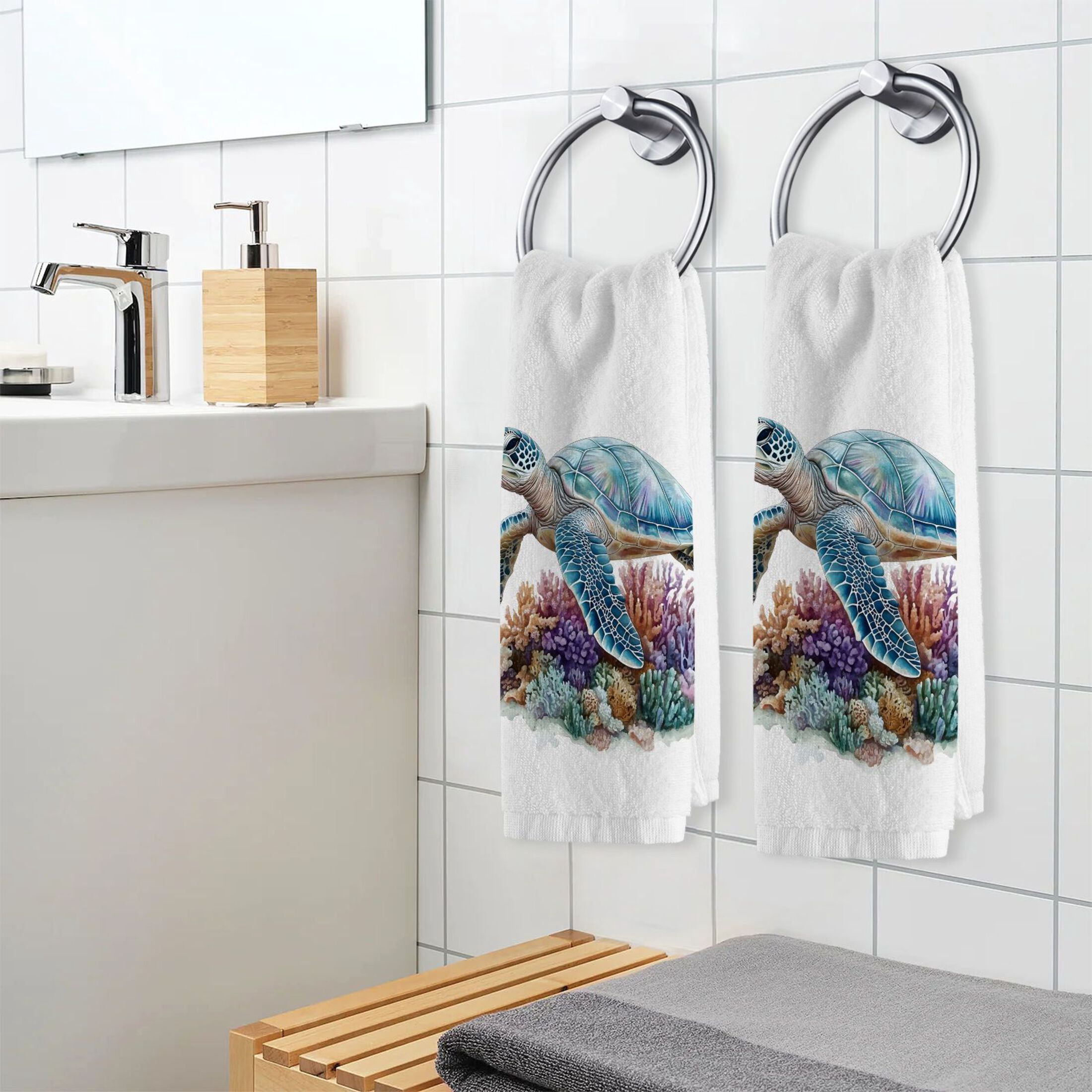 Ryvnso Sea Turtle Hand Towels Set for Bathroom Cotton Face Towel Decorative 15.5x29.5 inch
