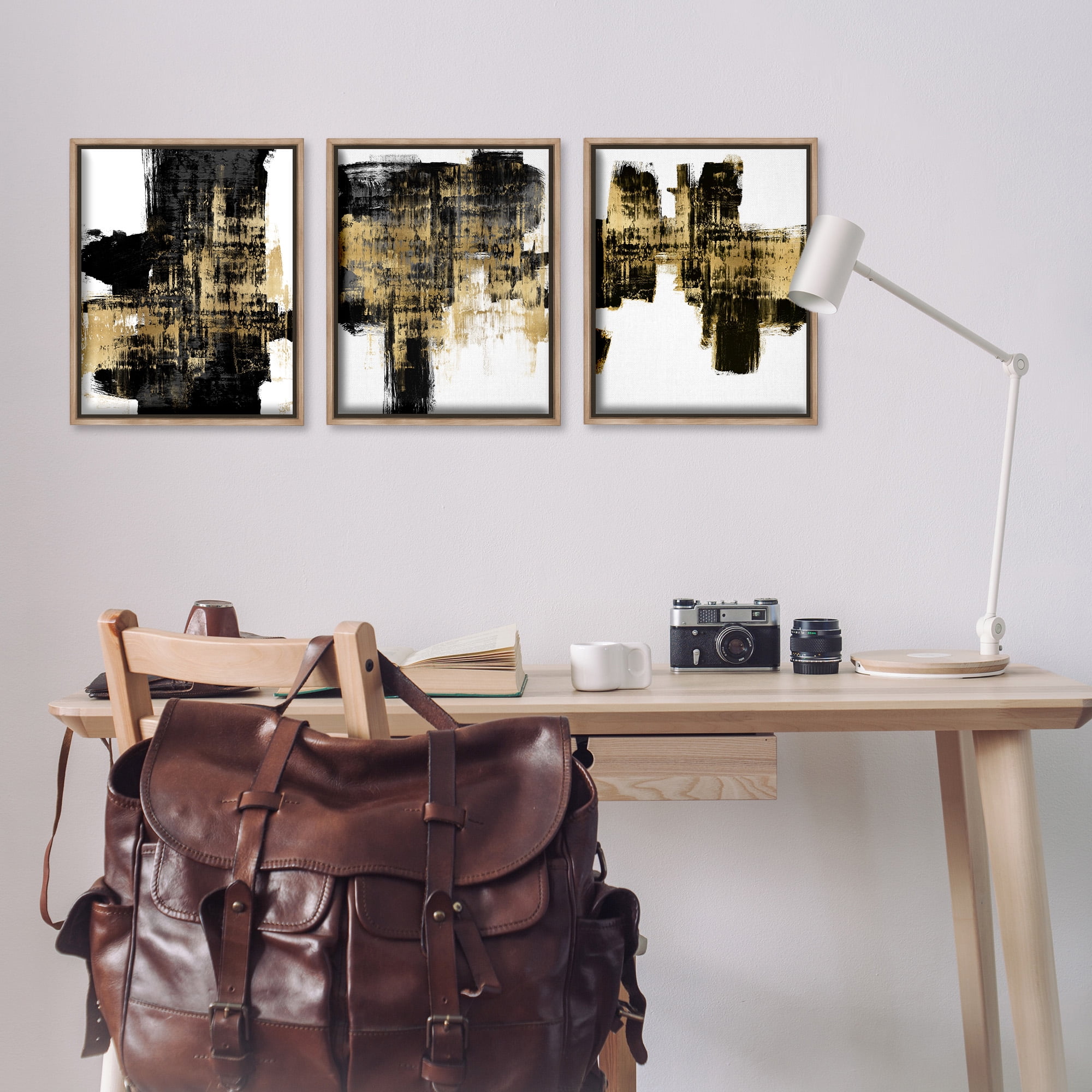 Stupell Industries Bold Black Brushstrokes with Gold Abstract Painting Brown Floater Framed Canvas Art Print Wall Art, 17 x 21, Set of 3