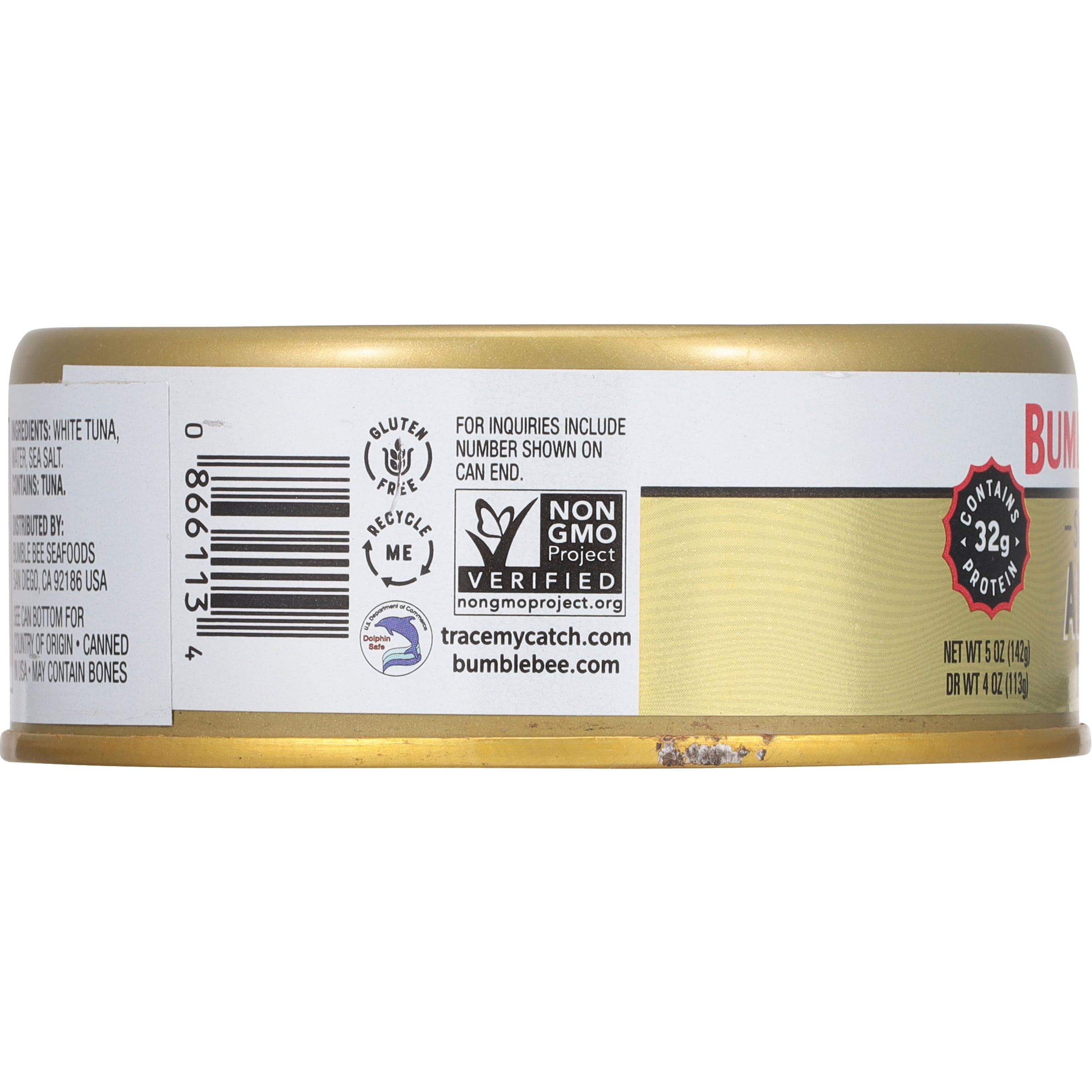 (4 pack) Bumble Bee Prime Solid White Albacore Tuna in Water, Wild Caught, Gluten Free, 32g Protein Per Serving, Shelf Stable Can, 5 oz