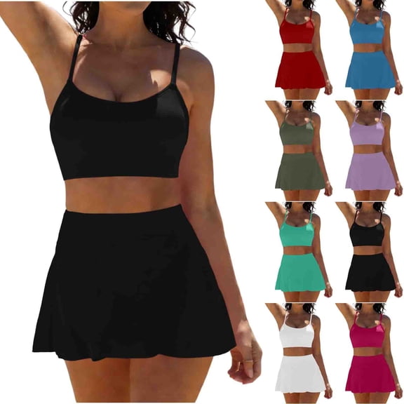 Women 3 Piece Swimwear Spaghetti Strap Halter High Waist Trunks With Skirts Modest Stretchy Bathing Suit (XL, Black)