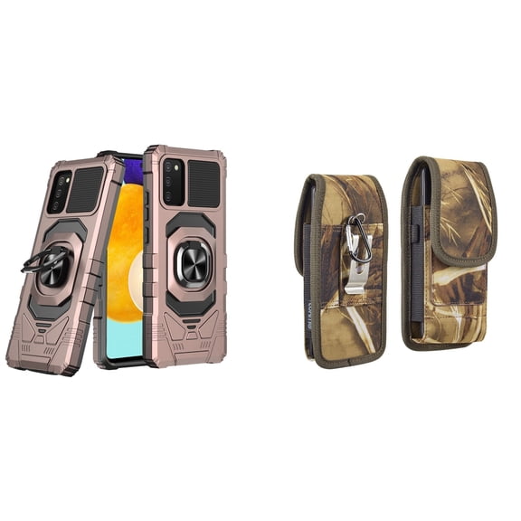 Case with Belt Holster Bundle for Samsung Galaxy A03s: Heavy Duty Series Protection Cover (Rose Gold) and Vertical Rugged Nylon Phone Pouch (Camo)