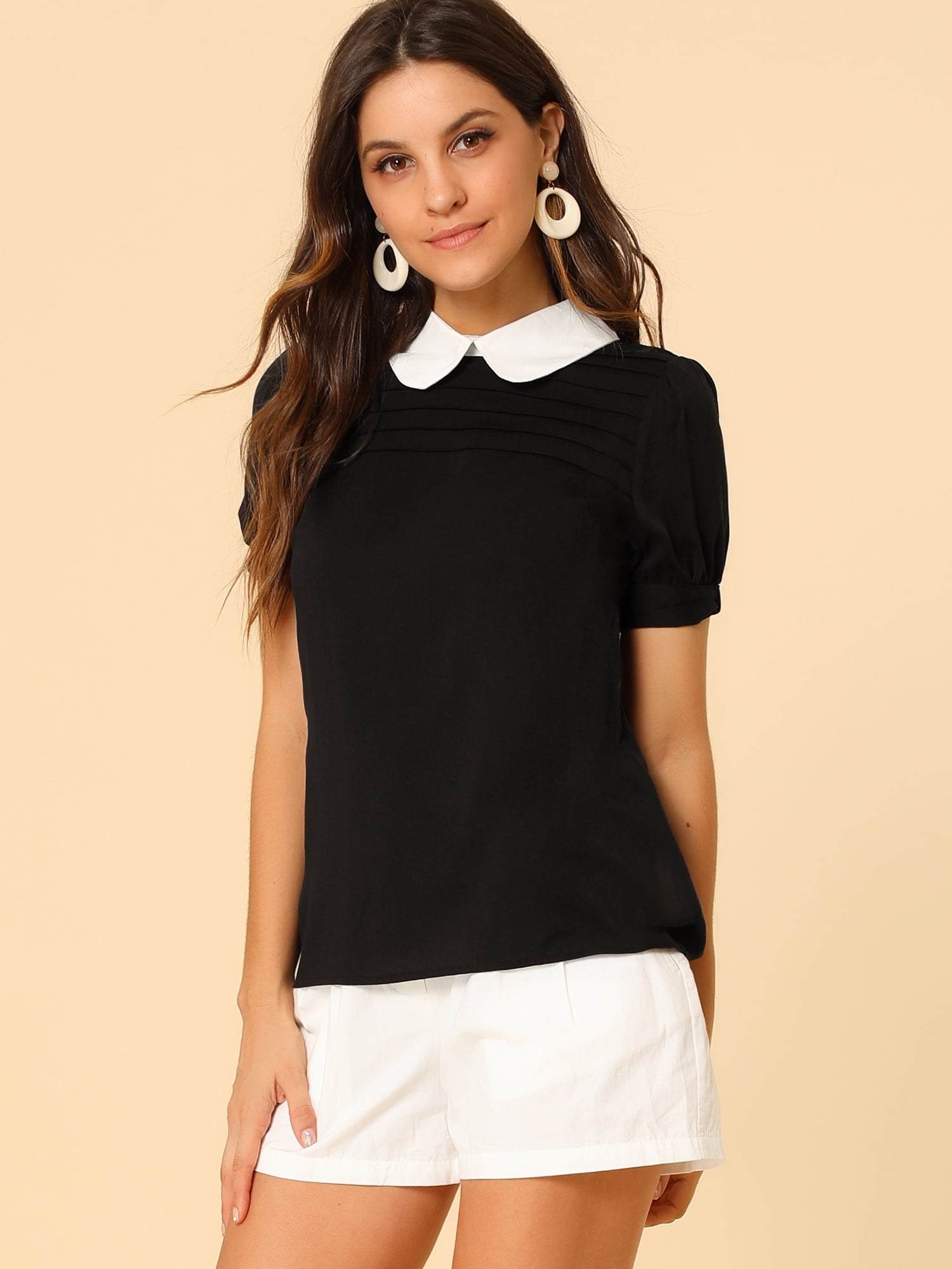 DARING DIVA Peter Pan Collar Contrast Puff Blouse Top S Black