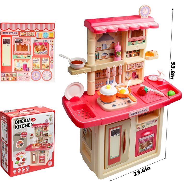 Hot Bee 34 inch Pink Play Kitchen Sets for Girls, Safe&Fun Pretend