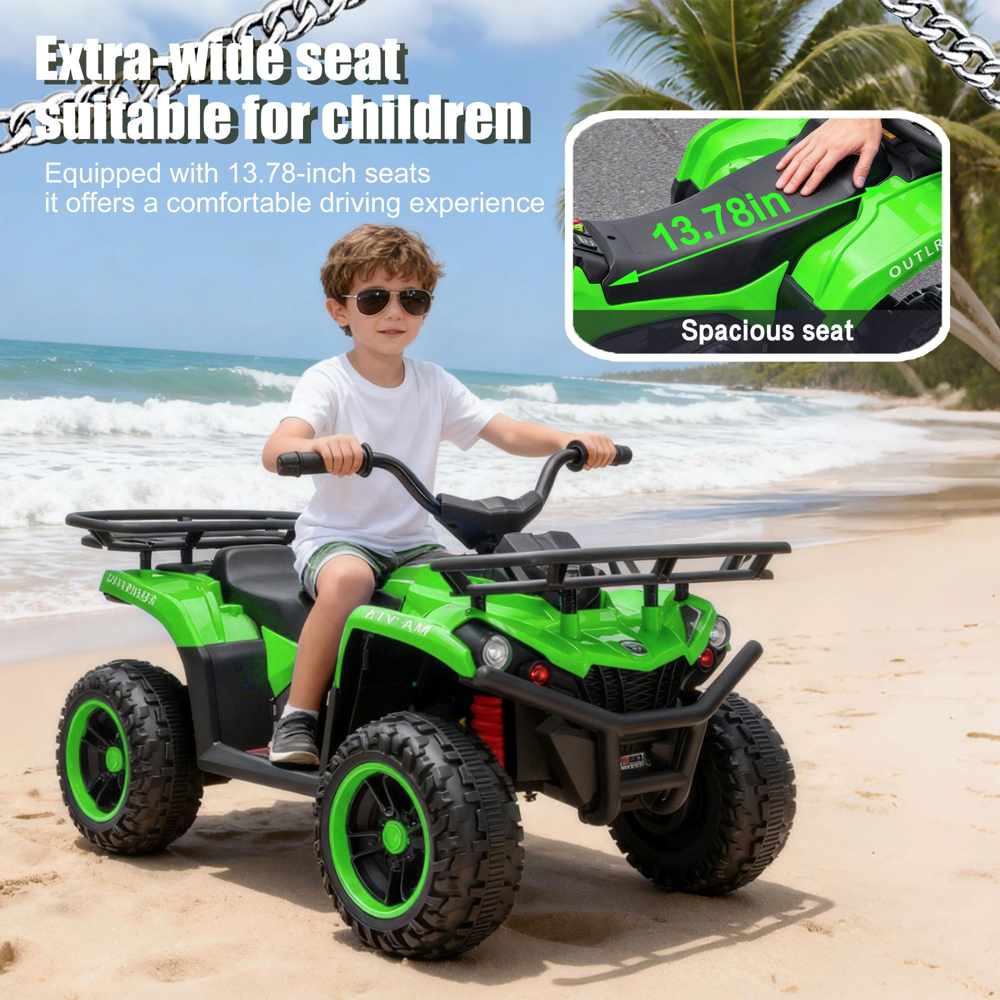 iYofe 24V Big Kids Ride on ATV Quad, Electric 4 Wheeler for Kids 3-6 with Battery Display, Anti-Slip Tires, LED Headlights, Bluetooth, MP3, Storage Racks, Gifts for Birthday & Christmas, Green