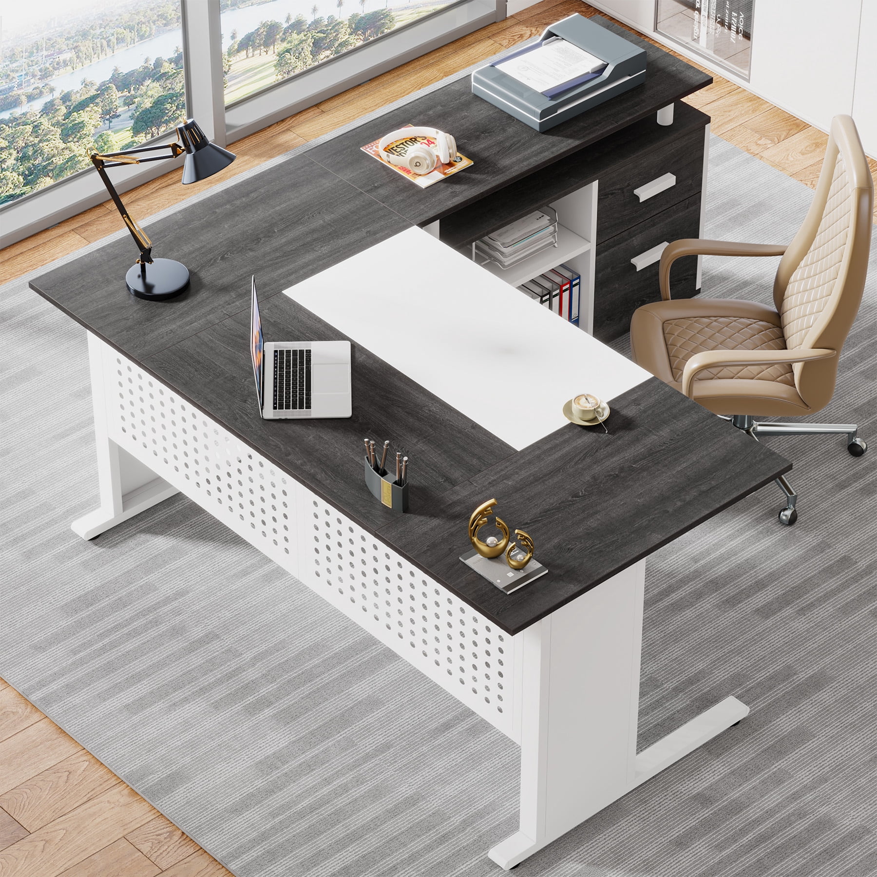 Tribesigns 63 Inch Executive Desk with File Cabinet, L Shaped Computer Desk with Drawers and Storage Shelves, Large Office Desk Business Furniture Desk Workstation for Home Office, Gray and White