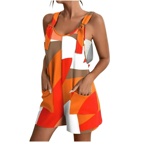 Ohufall Jumpsuits for Women, Loose Sleeveless Printed Overalls Summer Casual Strap Loose Short Jumpsuit Rompers With Pocket Overalls Women, Rompers for Women, Onesie for Women