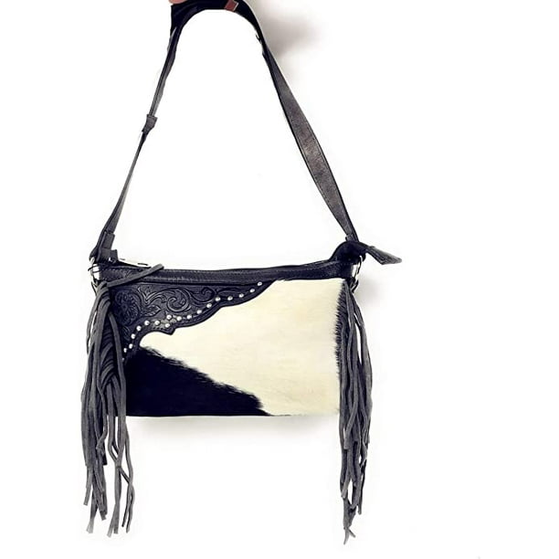 Premium Genuine Leather Cowhide Fringe women's handbags purses in Black