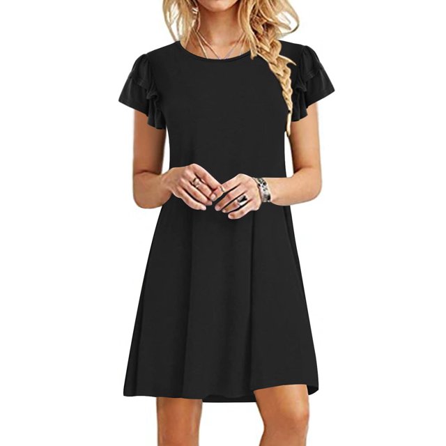 Meichang 2024 Robes d'Été pour Femmes Manches Courtes à Volants Mini Robes Décontractées Col Rond Couleur Unie Robes Amples Fluides Robes de Soirée Décontractées Tendance