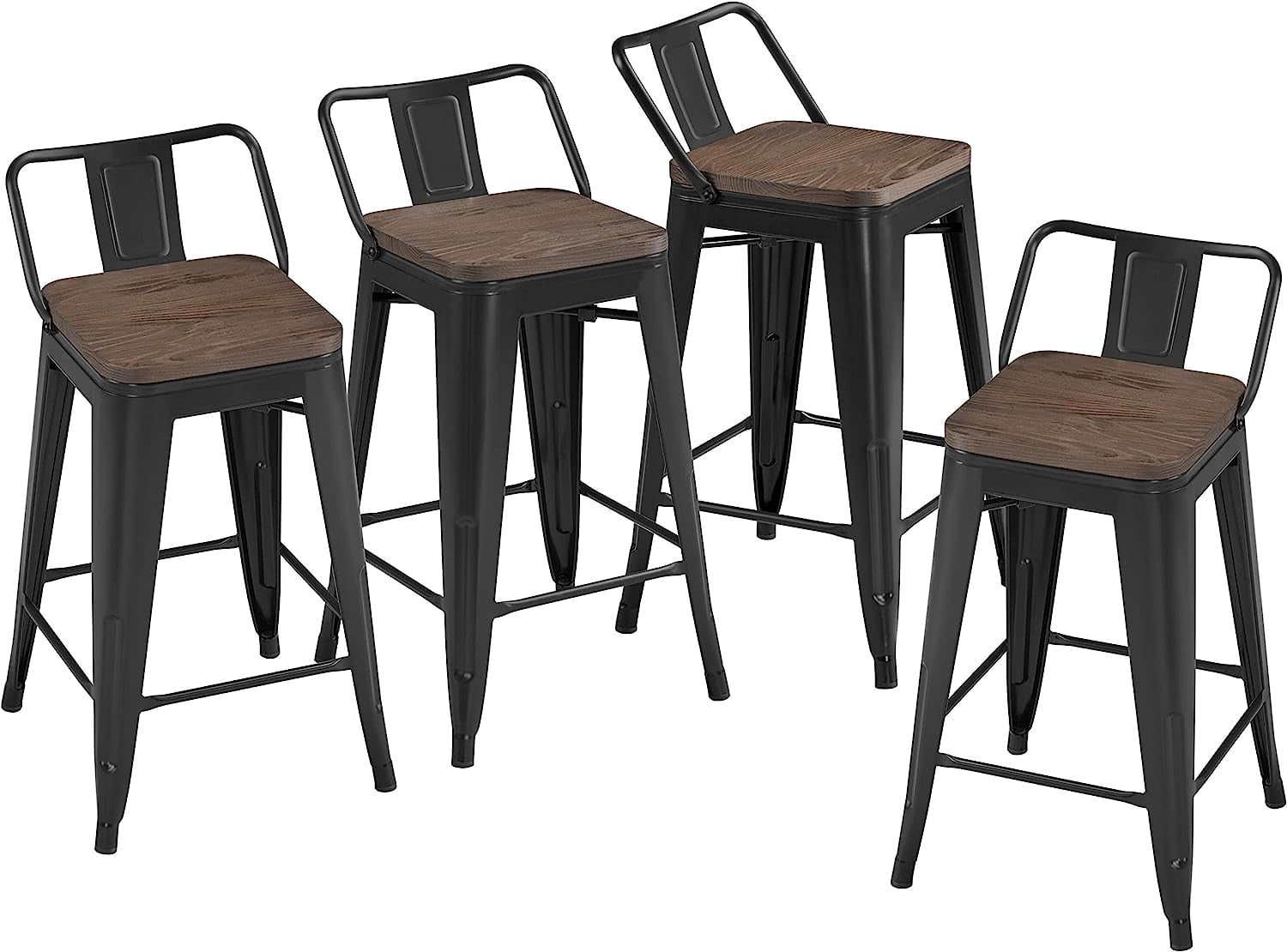 Set of 4 Black Metal Bar Stools with Wood Seats