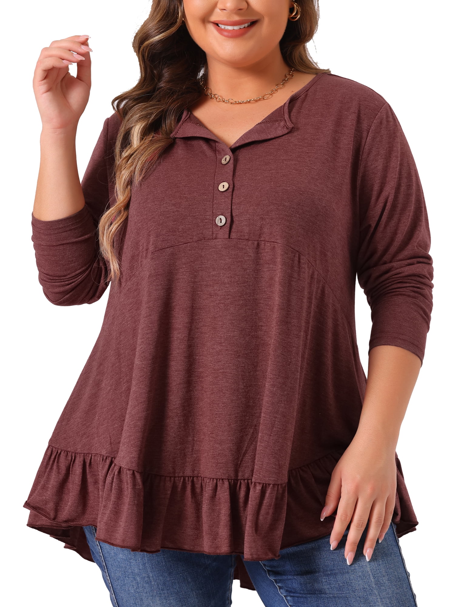 DARING DIVA Women' Plus Size Tunic Button Henley Blouses 4X Burgundy