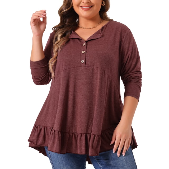 Tops de túnica de mujer plus size Agnes Orinda, con botones, cuello en V, mangas largas, dobladillo con volantes, blusas fluidas 2X burdeos