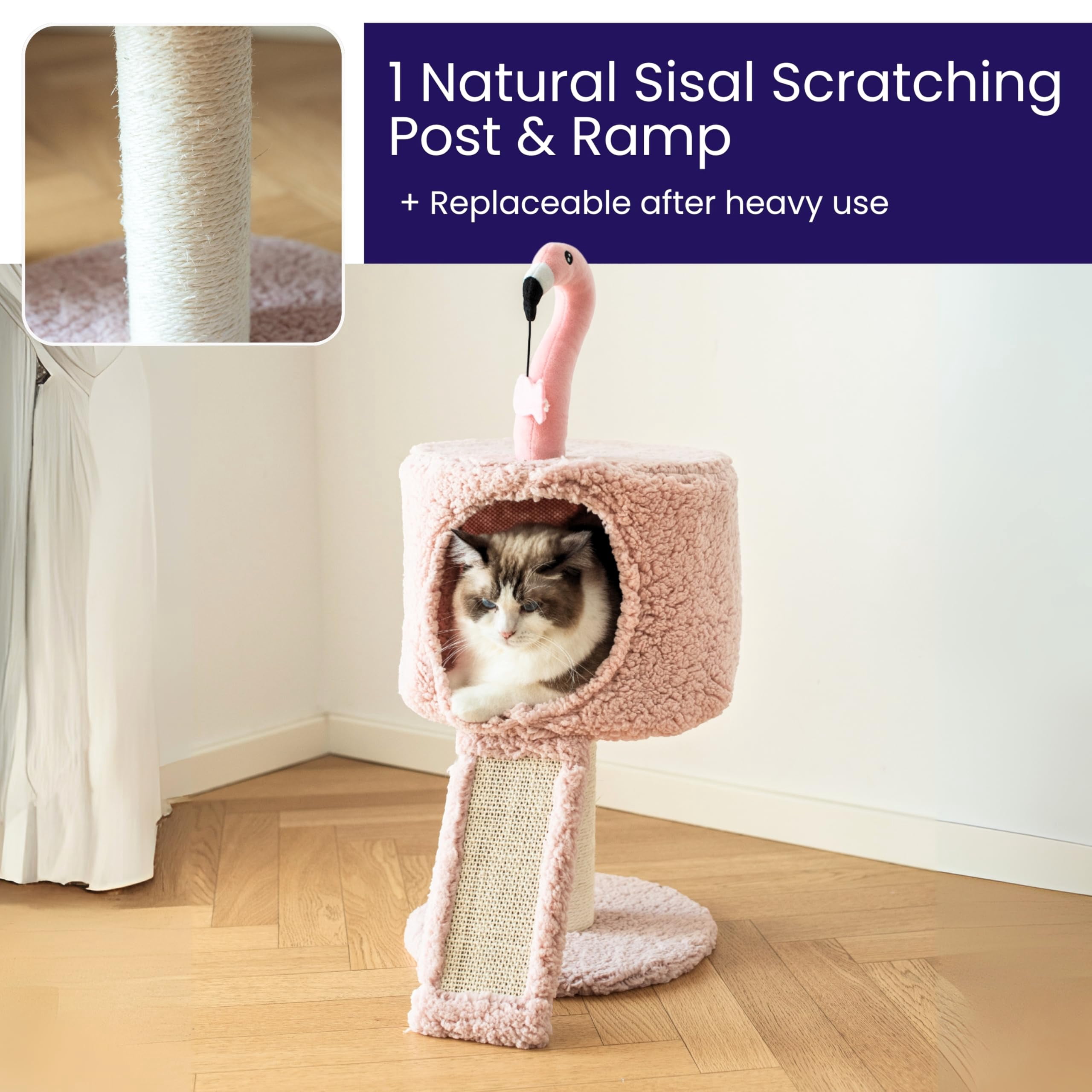 Flamingo 2-level 29" Cat Tree For Small Cats & Kittens With Replaceable Posts  Sisal Ramp Pink Designed Cute Condo