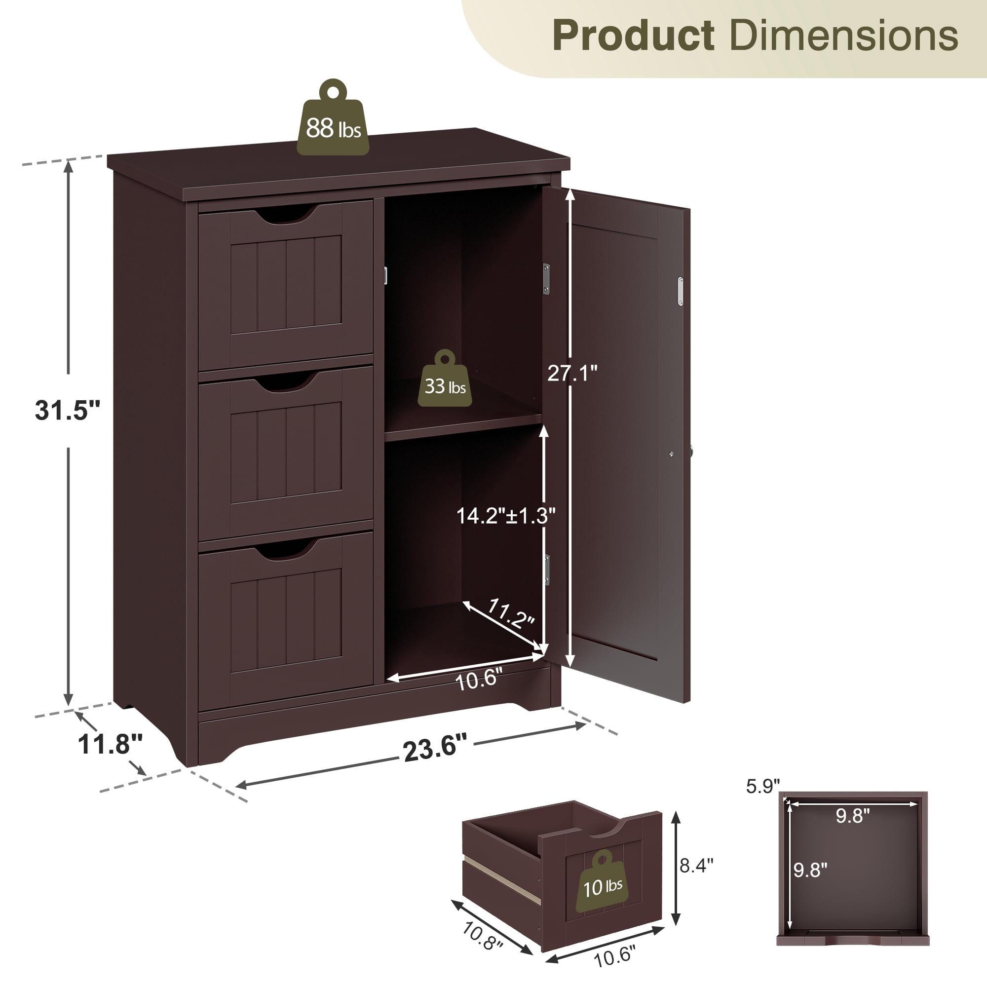 HomGarden 31.5-in Bathroom Floor Cabinet Freestanding Storage Organizer W/ 3 Drawers & Adjustable Shelf for Living Room, Entryway, Brown