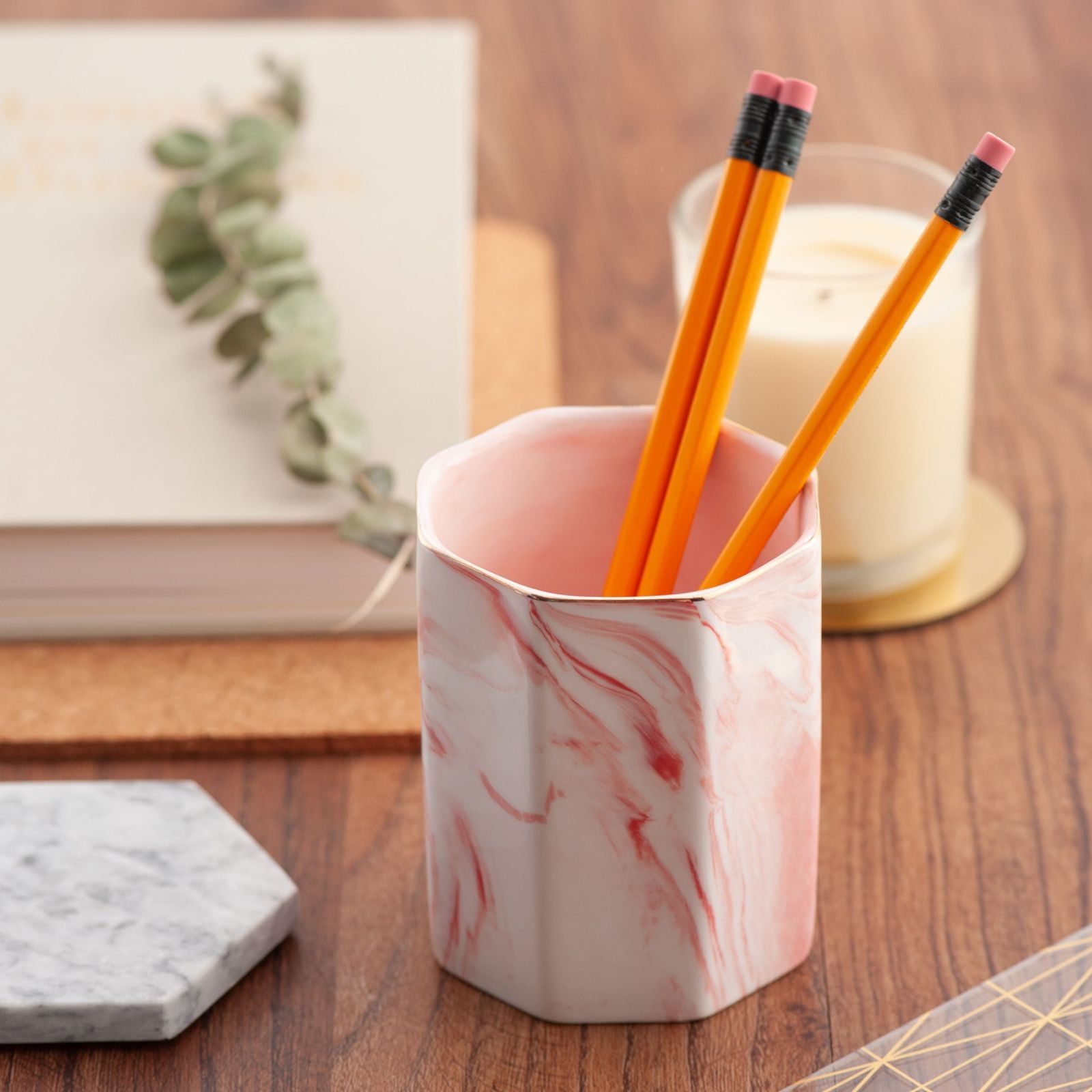 Gray YOSCO Ceramic Desk Pen Holder Stand Marble Pattern Pencil Cup Pot Desk Organizer Makeup Brush Holder 