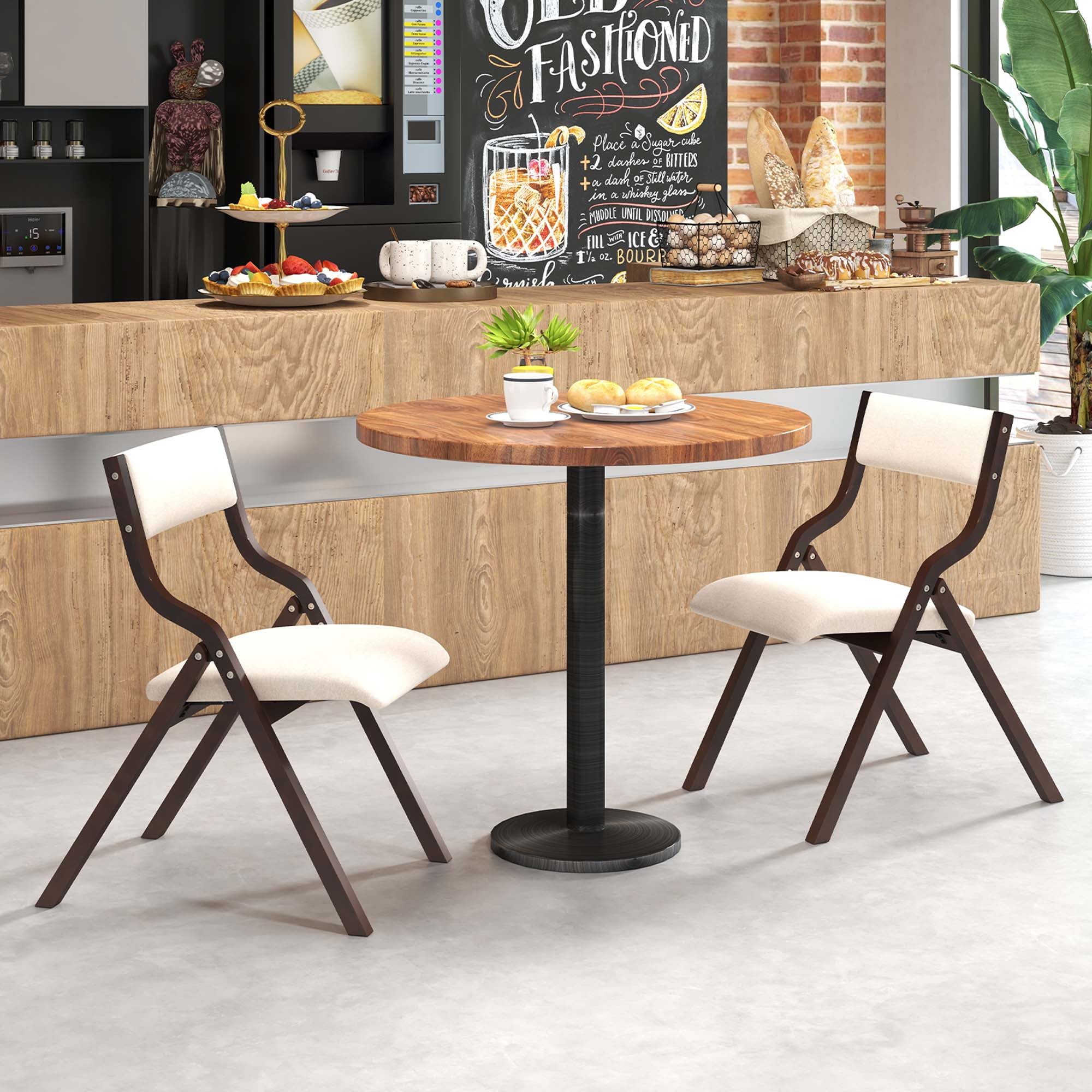 Costway Folding Dining Chair Set of 2 Wooden Upholstered Modern Linen Fabric Padded Seat