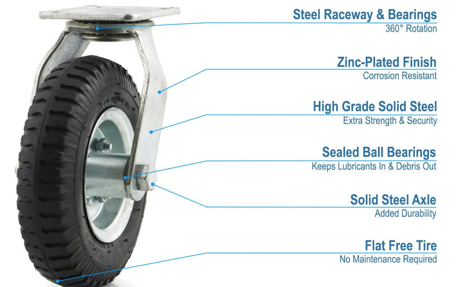 Caster - Flat Free Tire with Wheel Brakes (Pack of 4)  2 Swivel  2 Rigid  Industrial Grade - (8 Inch)