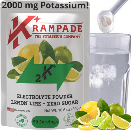 Krampade High Potassium Electrolytes Powder Zero Sugar Lemon Lime, Cramp Relief, Keto, 50 Servings
