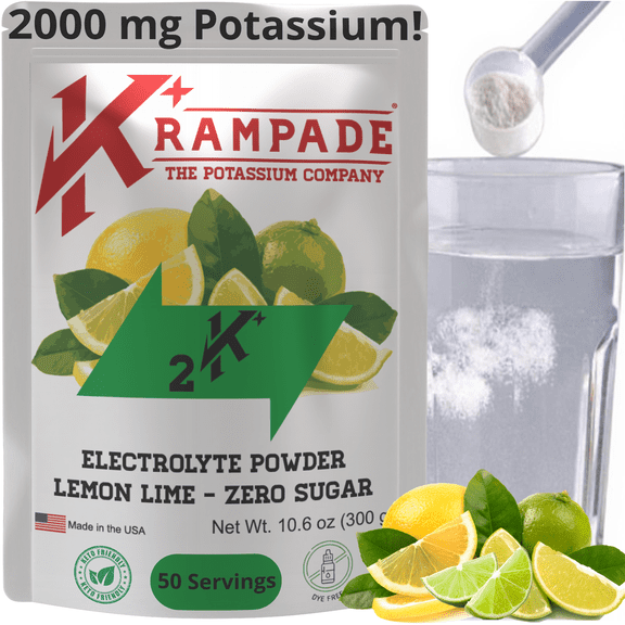 Krampade High Potassium Electrolytes Powder Zero Sugar Lemon Lime, Cramp Relief, Keto, 50 Servings