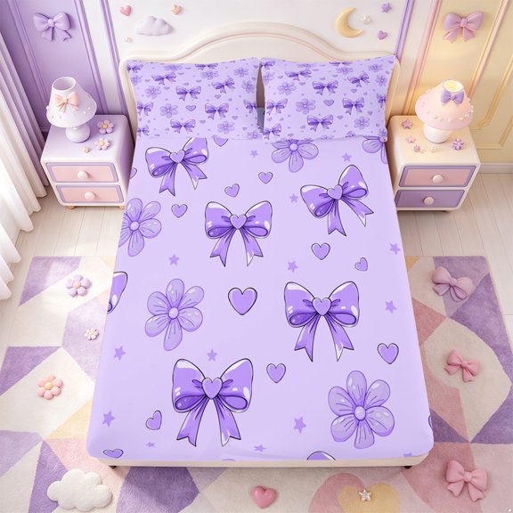 Manfei Coquette Bow Fitted Sheet Full,Purple Dreamy Bowtie Bed Set,3-Piece,1 Fitted Sheet and 2 Pillowcases