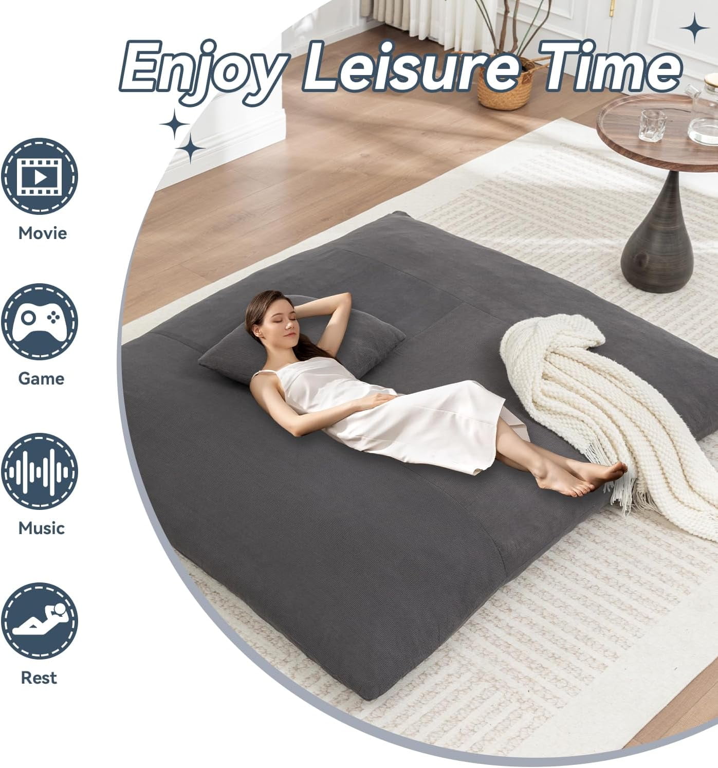 LEHZROAJ 3 in 1 Corduroy Bean Bag Chair with Pillow, Cozy Folding Sofa Bed for Adults Memory Foam Filled No Assembly for Living Room Bedroom,Gray