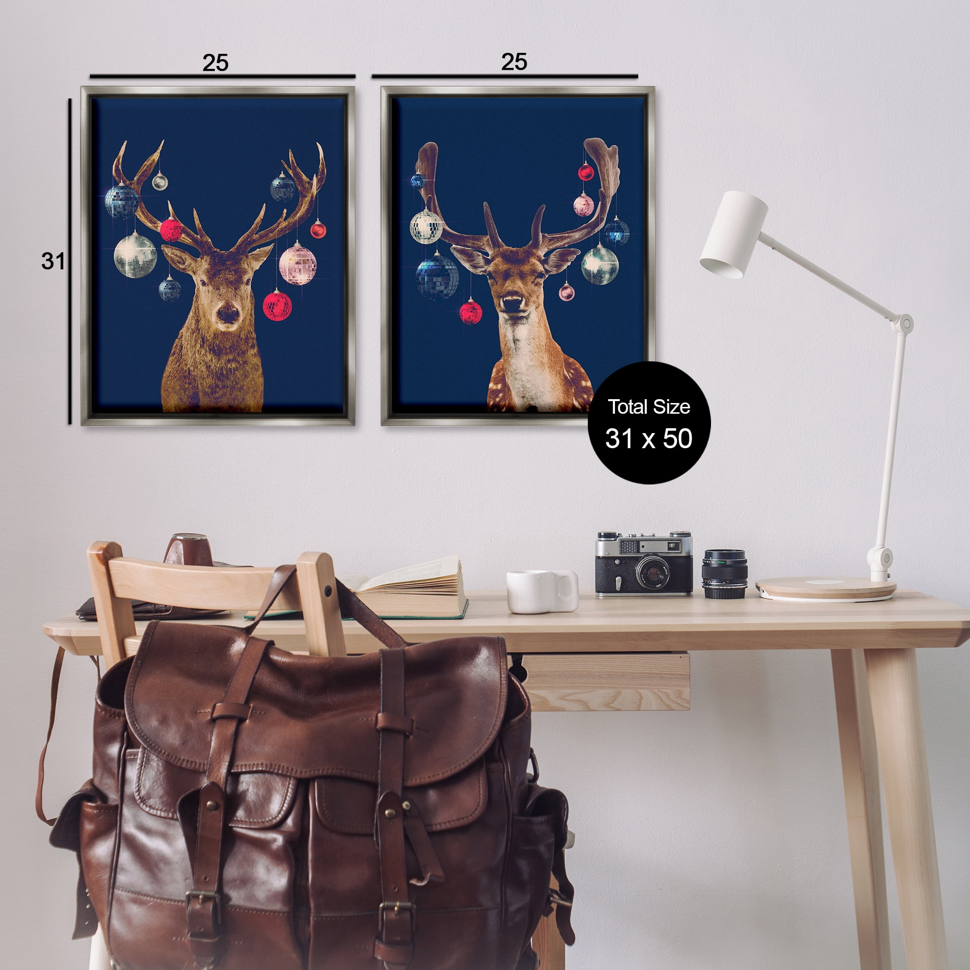 Stupell Industries Navy Brown Disco Deer Holiday Painting Gray Floater Framed Canvas Art Print Wall Art, 31 x 25, Set of 2