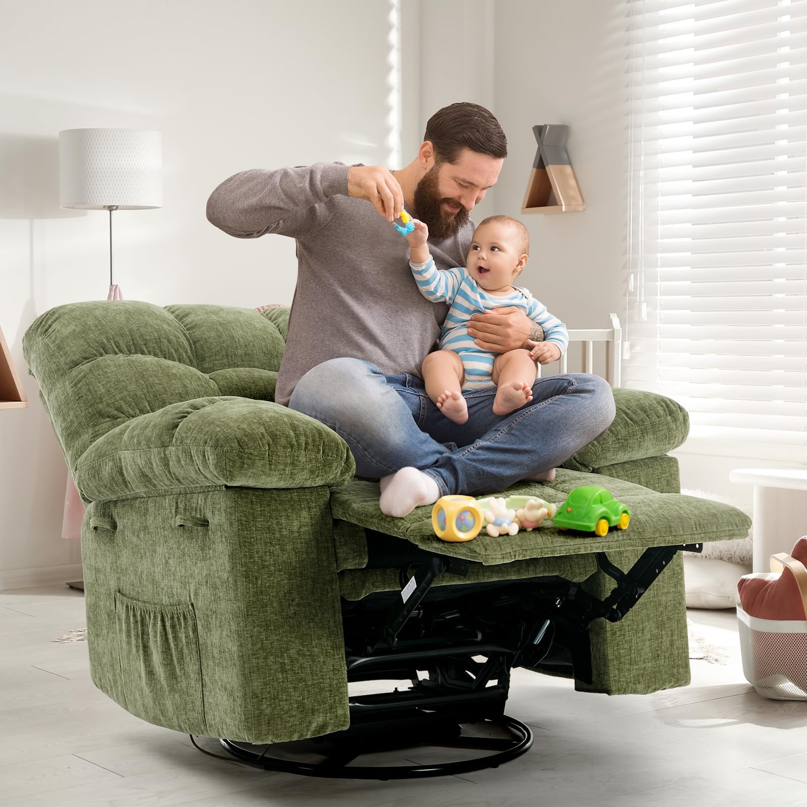 Swivel Rocking Recliner Chair, 360° Swivel 135° Tilt Glider Nursery Chair with Extra Large Footrest, Chenille Upholstery Q235 Steel Frame High Back Deep Seat for Living Room Bedroom Small Spaces