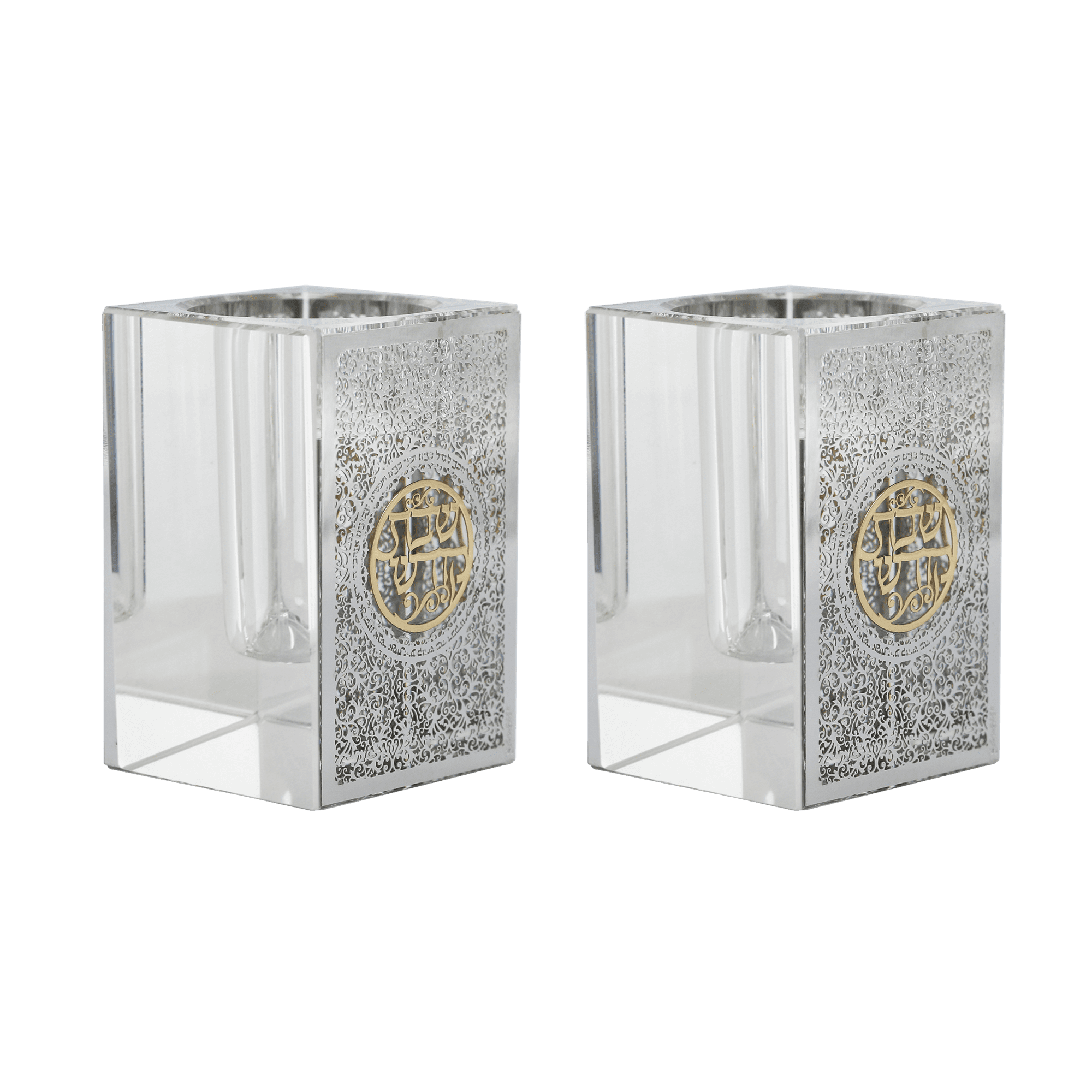 AmJudaica & Gifts Crystal tea Light Holders With Silver Jerusalem And