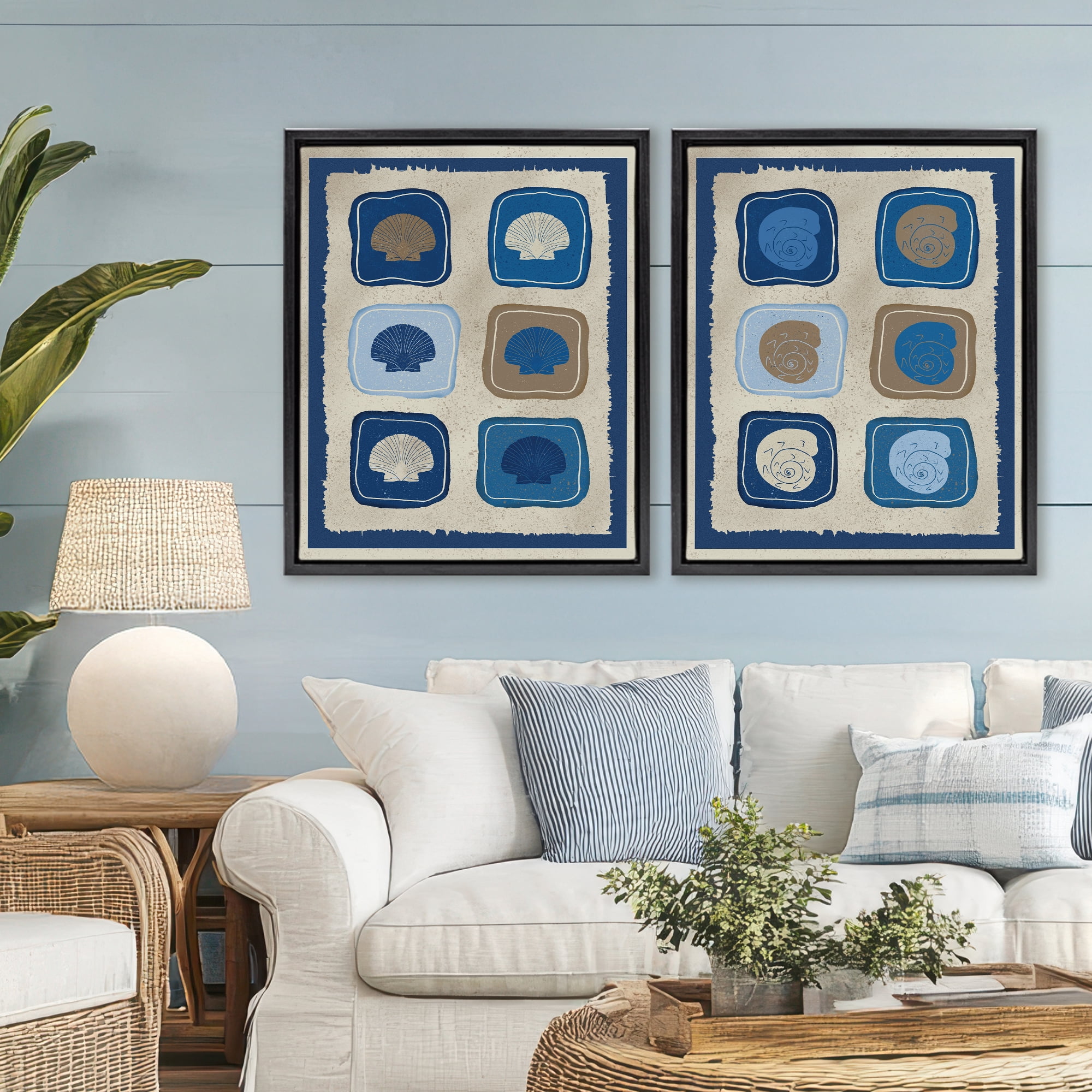 Stupell Industries Blue Blocked Seashells 2 Piece Black Framed Floater Canvas Set, design by Julia Frost
