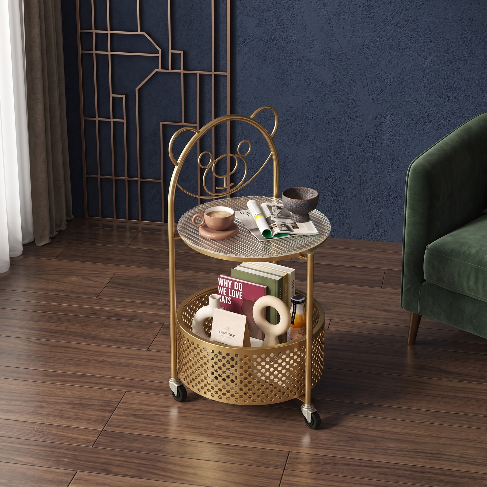 Furnibear Modern Sofa Side Table with Lockable Wheels, Round Tempered Glass End Table with Metal Storage Basket for Living Room Bedroom Study, Rolling C-Shaped, Gold