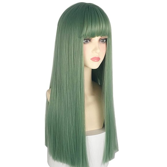 URCGTSA Peluca de pelo largo de 22 pulgadas para mujer, pelo sintético verde, peluca recta larga natural con flequillo, peluca de cosplay para fiesta para niña (verde malaquita)