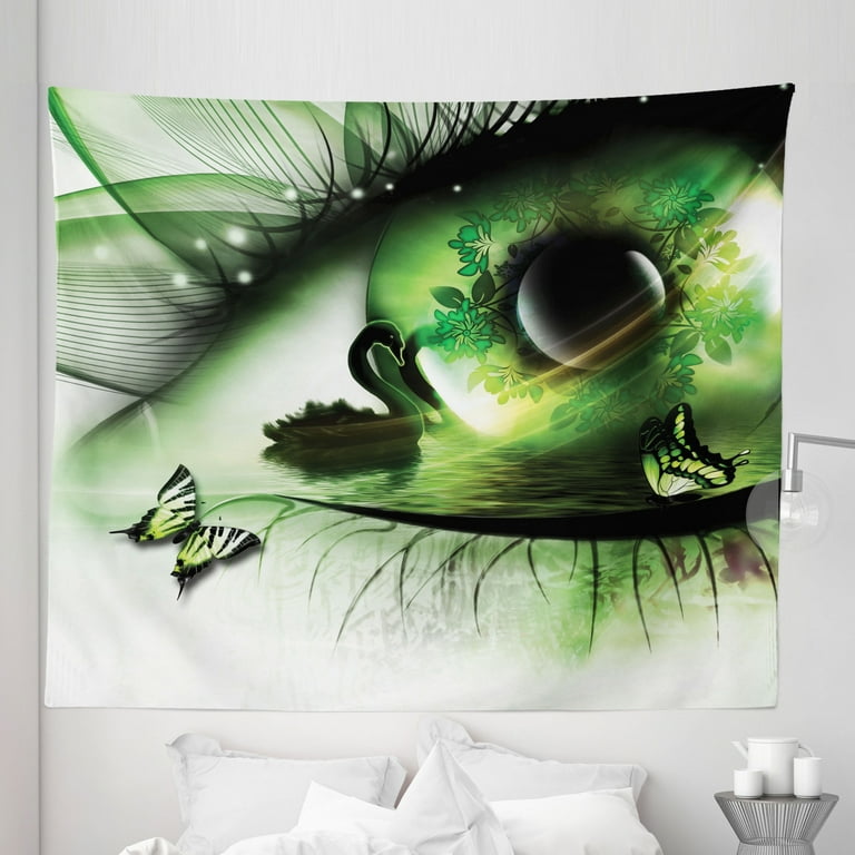 Abstract Tapestry Surreal Natural Art a Swan Floating in Eye and Flying Butterflies Fabric Wall Hanging Decor for Bedroom Living Room Dorm 5 Sizes