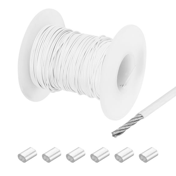 98Ft Wire Rope 304 Stainless Steel Cable 1/32" Vinyl Coated with 6pcs Aluminum Sleeves White