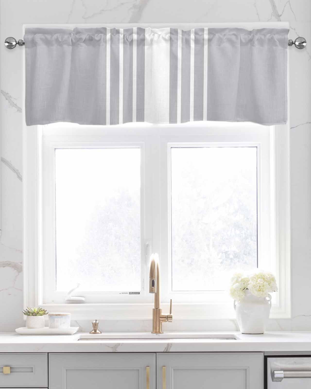 Light Grey Striped Kitchen Valances for Windows Farmhouse Linen Window Valance Curtain for Living Room Window Treatment White Simple Neutral Modern Valance Rod Pocket Topper Drape, 54 x 18 Inch